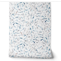 Papier Peint Aquarelle botanique gris bleu feuilles sur blanc