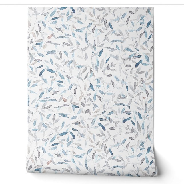 Papier Peint Aquarelle botanique gris bleu feuilles sur blanc (Déroulement)