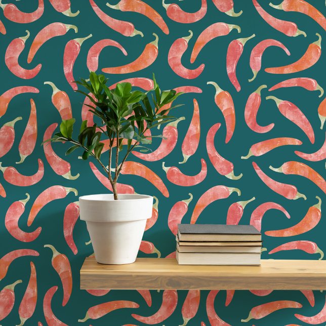 Papier Peint Aquarelle Chili poivre rouge foncé (Hot and spicy watercolor red chili peppers on a dark teal green background. Peel and stick wallpaper)