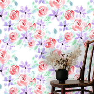 Papier Peint Aquarelle Corail rose Roses et fleurs pourpres