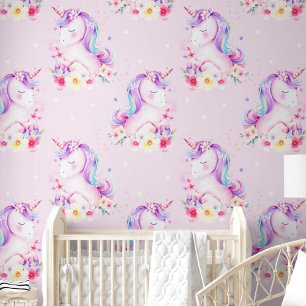 Papier Peint Aquarelle Cute Unicorn rose violet salle de soins 