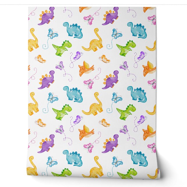 Papier Peint Aquarelle Dinosaure Dino Papillon Bébé Fille (Déroulement)