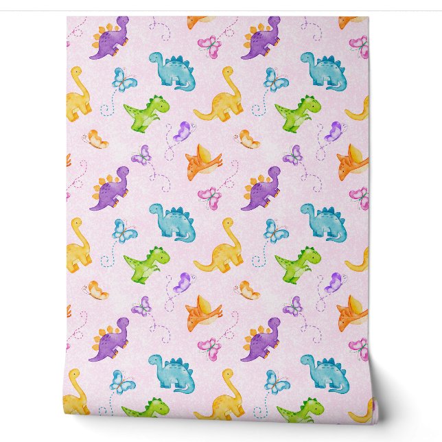 Papier Peint Aquarelle Dinosaure Dino Papillon rose bébé fille (Déroulement)
