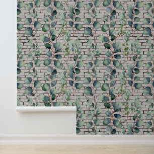 Papier Peint Aquarelle Eucalyptus Briques Feuilles vertes Branc