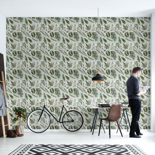 Papier Peint Aquarelle Ferns & Foliage Botanique Green Forest (Salon)