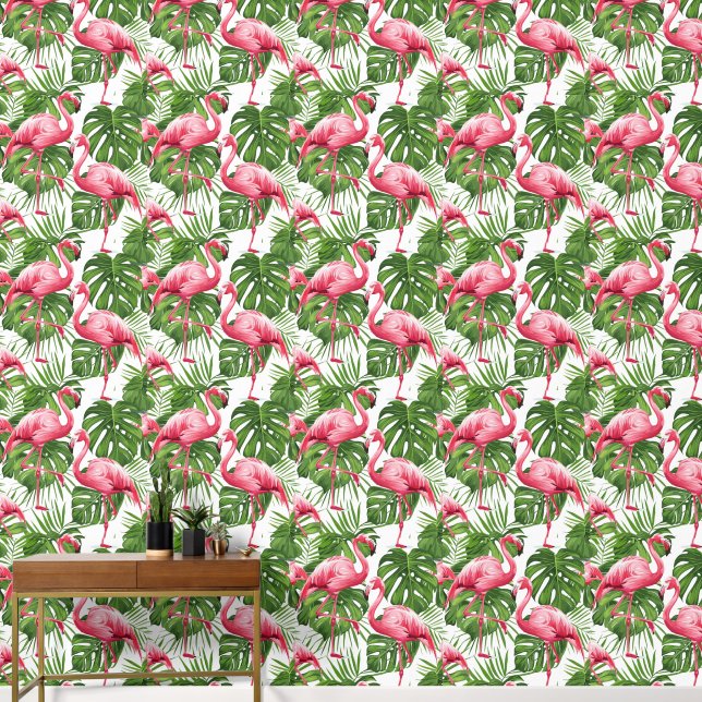 Papier Peint Aquarelle Flamant rose rose Feuille tropical Motif (Couloir)