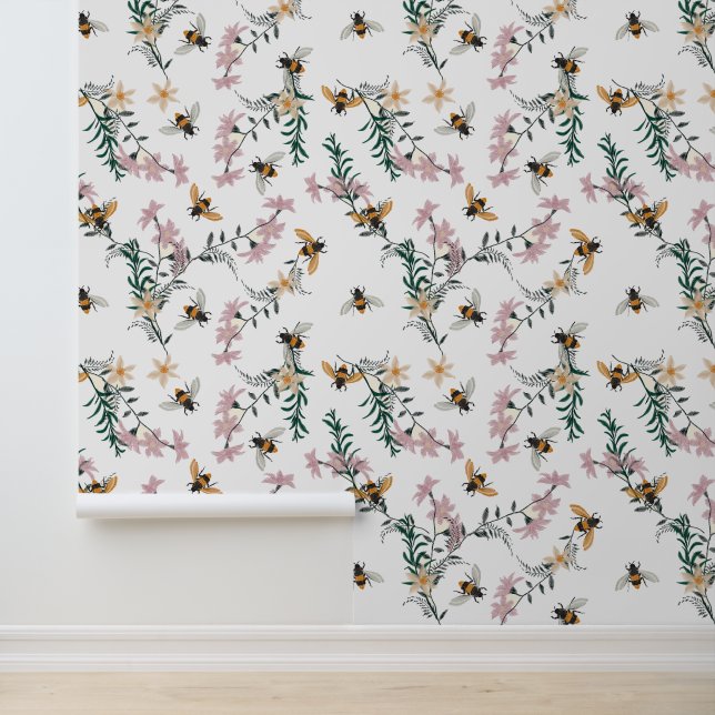 Papier Peint Aquarelle Fleur sauvage Floral Bumble Bees (Application)