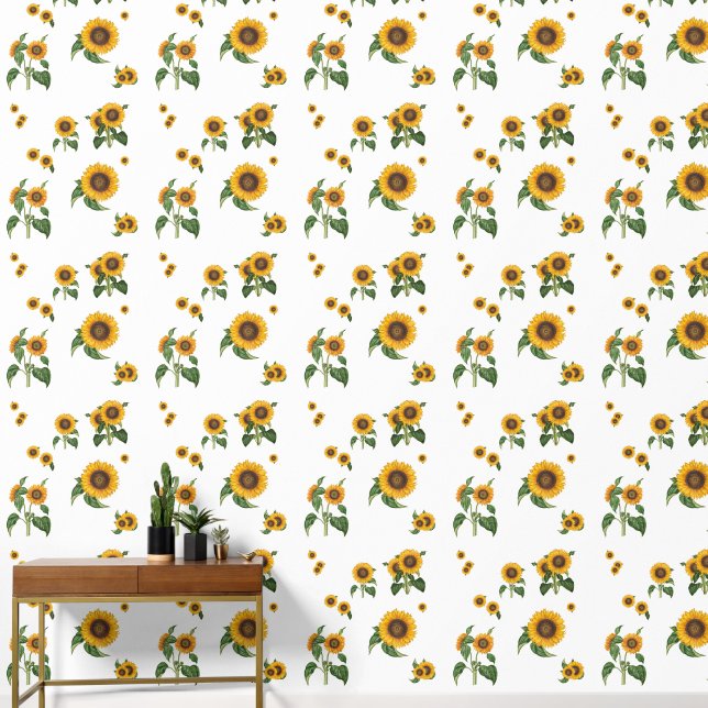 Papier Peint Aquarelle Fleurs de soleil Botanique Foliage Verdu (Couloir)