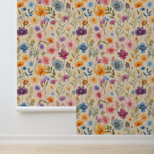 Papier Peint Aquarelle Fleurs sauvages sur crème