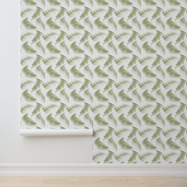 Papier Peint Aquarelle frondes d'hiver vert olive blanc (Application)