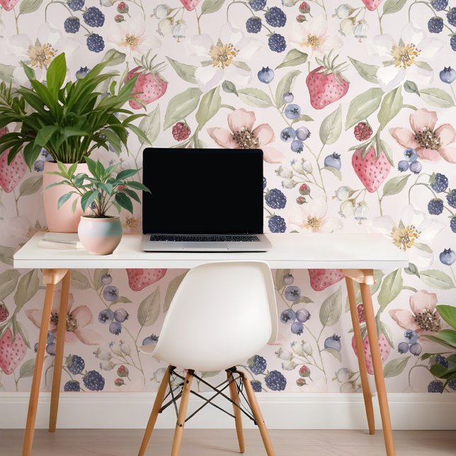 Papier Peint Aquarelle Fruits Fruits Fraise Motif Floral (Watercolor Wild Berries Strawberry Floral Pattern Wallpaper)