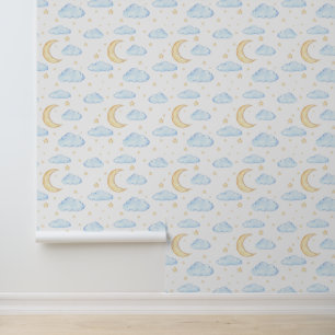 Papier Peint Aquarelle Lune étoiles et nuages Motif