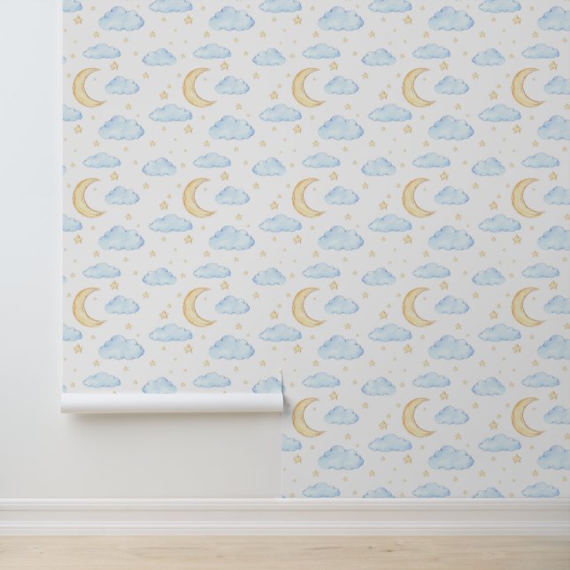 Papier Peint Aquarelle Lune étoiles et nuages Motif (Application)
