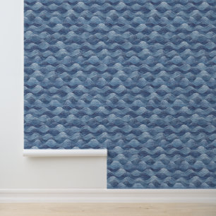 Papier Peint Aquarelle Maison de plage Vagues de mer Bleu Gris 