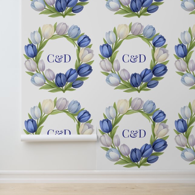 Papier Peint Aquarelle mariage Monogram Blue Tulip Wreath (Application)