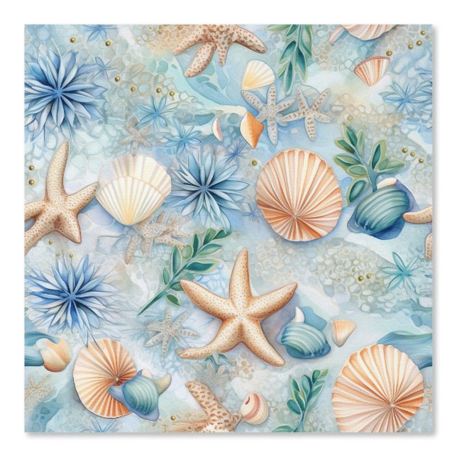 Papier Peint Aquarelle Mer Étoile Poisson Bleu Nautique (Recto)