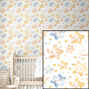 Papier Peint Aquarelle mignonne Orange Bleu Étoiles