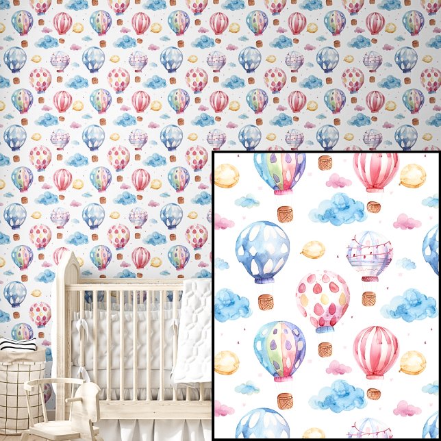 Papier Peint Aquarelle mignonne Rose et Bleu Ballons à air chau (Créateur téléchargé)