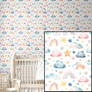 Papier Peint Aquarelle mignonne rose vert bleu arc-en-ciel Étoi