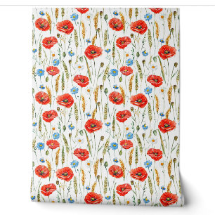 Papier Peint Aquarelle motif de fleurs de pavot rouge,