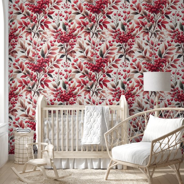 Papier Peint Aquarelle Motif de fruits d'hiver rouge (Enfants)