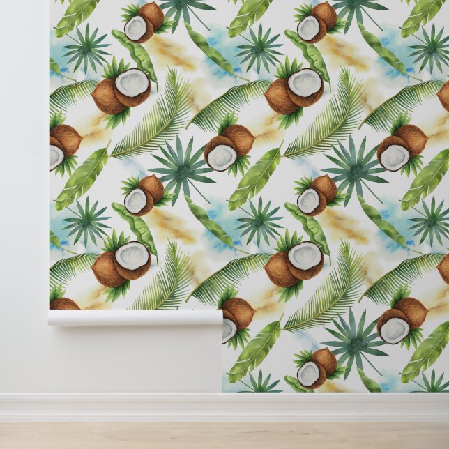 Papier Peint Aquarelle Motif de noix de coco tropicale (Application)