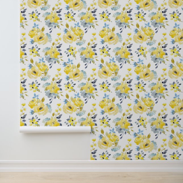 Papier Peint Aquarelle Motif Floral Jaune (Application)
