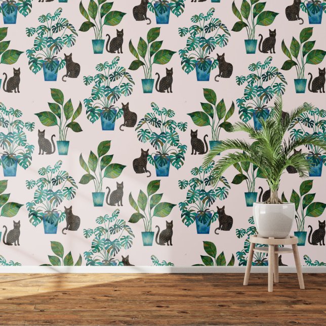 Papier Peint Aquarelle noir Chat Monstera Houseplant rose (Black cat with monstera houseplant watercolor  art wallpaper)