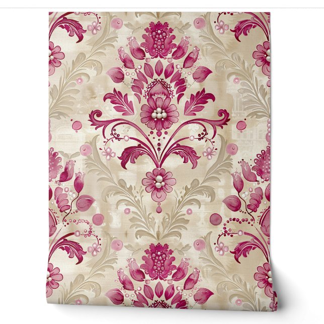 Papier Peint Aquarelle rose et crème Damask et perles Faux (Déroulement)