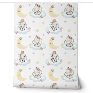 Papier Peint Aquarelle rose Floral Baby Eléphant Nuages Etoiles
