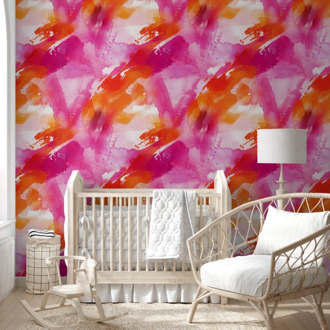 Papier Peint Aquarelle rose orange Abstrait (Enfants)