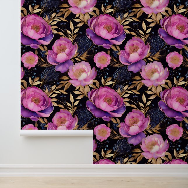 Papier Peint Aquarelle Rose Purple Peonies Bleu Bébé Respiratio (Application)