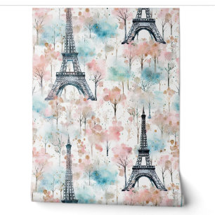 Papier Peint Aquarelle Tour Eiffel Paris Bleu rose