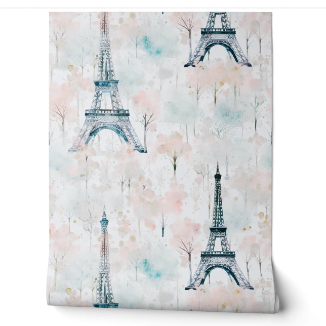 Papier Peint Aquarelle Tour Eiffel Paris Pastel (Déroulement)