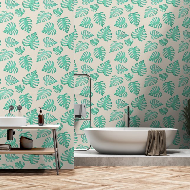 Papier Peint Aquarelle tropicale Feuilles de Monstera sur le be (Salle de bain)