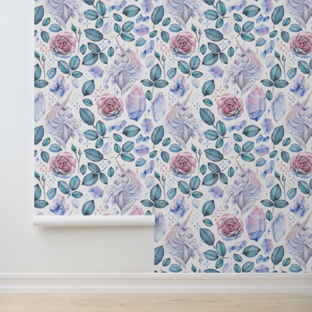 Papier Peint Aquarelle Unicorn Crystals & Motif Rose (Application)