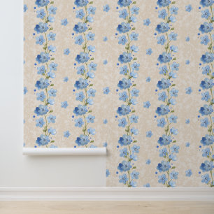 Papier Peint Aquarelle Vin floral bleu sur Crème texturée