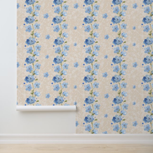 Papier Peint Aquarelle Vin floral bleu sur Crème texturée (Application)