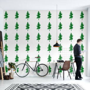 Papier Peint Arbre à feuillage persistant Motif Vert Blanc Élég