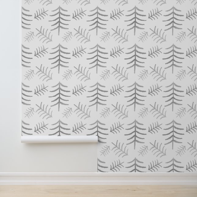 Papier Peint Arbres de Noël modernes en argent sur blanc (Application)