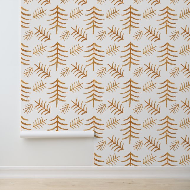 Papier Peint Arbres de Noël modernes Or sur blanc (Application)