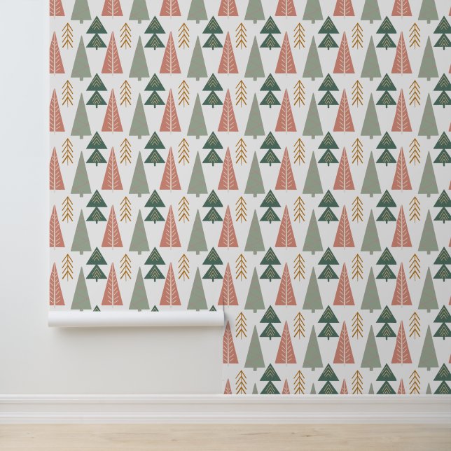 Papier Peint Arbres de Noël modernes Vert Rose Or (Application)