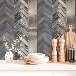 Papier Peint Argent Métallisé et Chevron Grisé en Arête de Pois