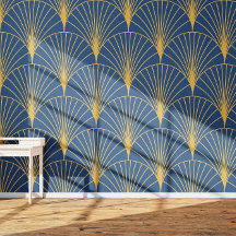 Art Déco Éventails Géométriques Dorés sur Fond Ble