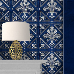 Papier Peint Art Déco Fleur de lis Bleu et Perle
