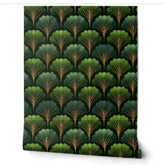Papier Peint Art Deco Green and Gold Palm Leaves