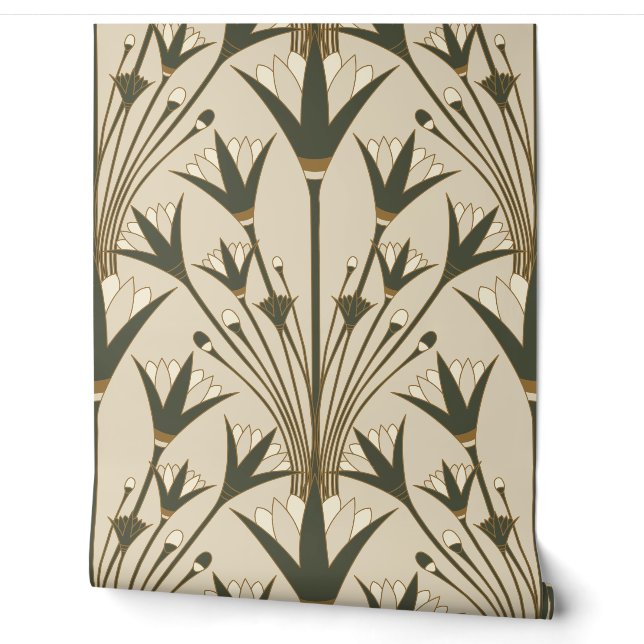 Papier Peint Art Deco Lotus - Scallop Lotus - Brown & Green (Déroulement)