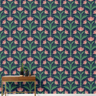 Papier Peint Art Déco Moderne Bohème Fleur Rouge sur Fond Bleu