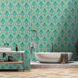 Papier Peint Art Déco Motif 01 - Turquoise sur Off-White