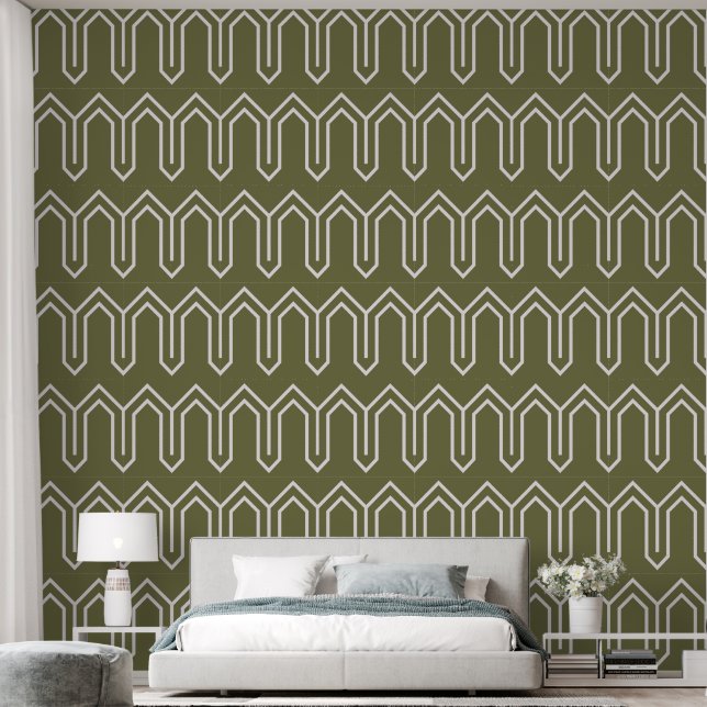 Papier Peint Art Déco Motif 05 - Blanc sur Camouflage Vert (Chambre à coucher)